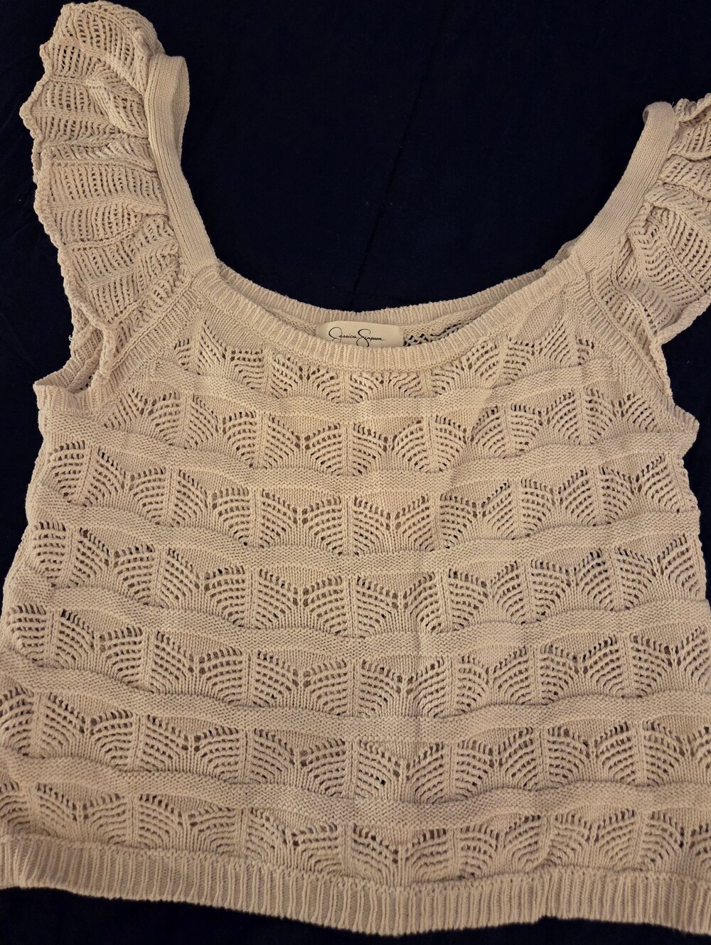Jessica Simpson Beige Open-Knit Ruffle Sleeve TopSoft cream/beige open-knit top